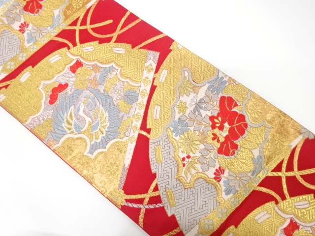 JAPANESE KIMONO / ANTIQUE FUKURO OBI / SILK / WOVEN CRANES & PAULOWNIA